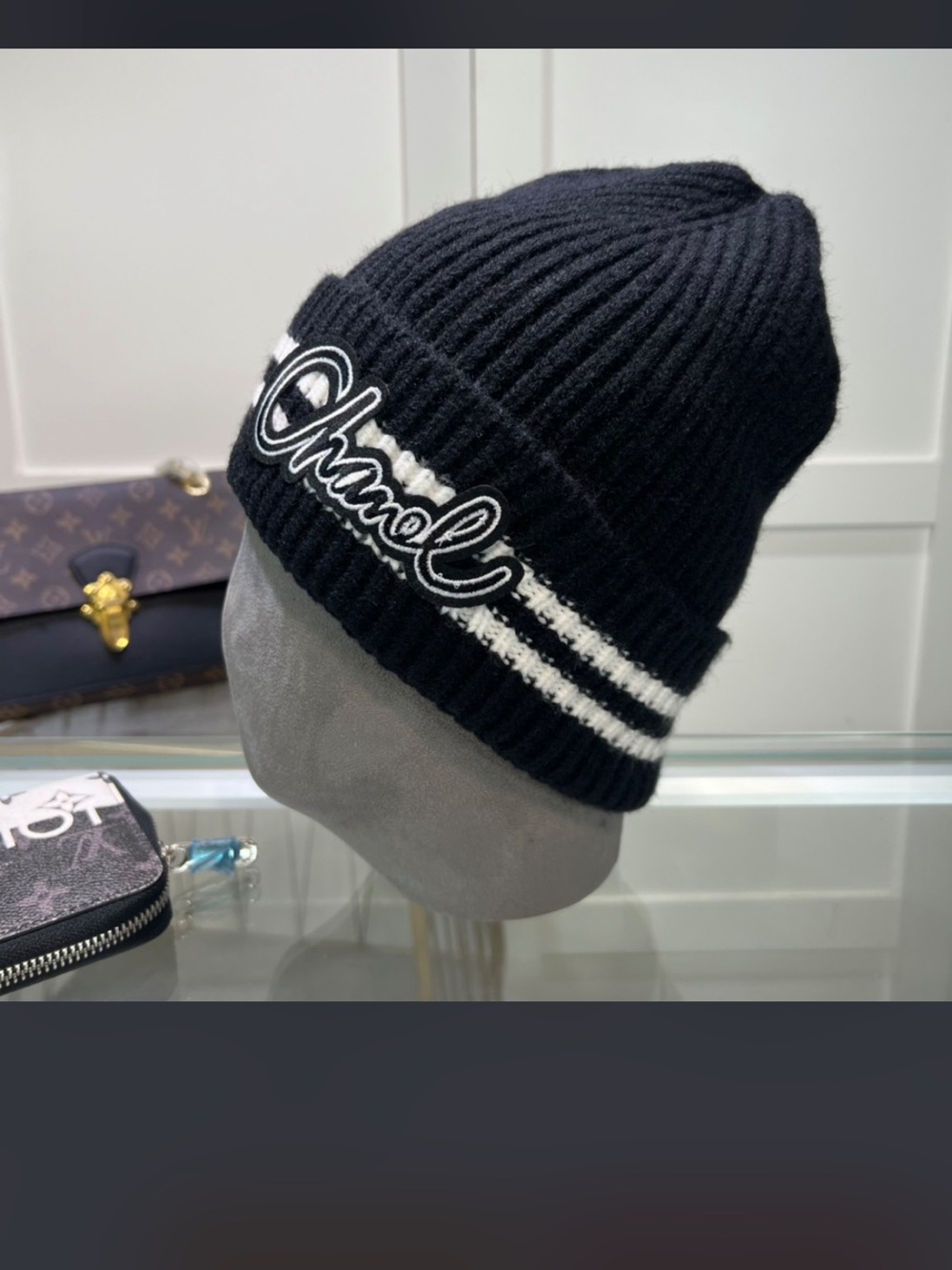 Black White Ribbed Knit Letter C Cursive Spellout Beanie Hat